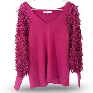 Sioni Milano Wild Aster V-Neck Knit Sweater with Shaggy Eyelash Fringe Sleeves M